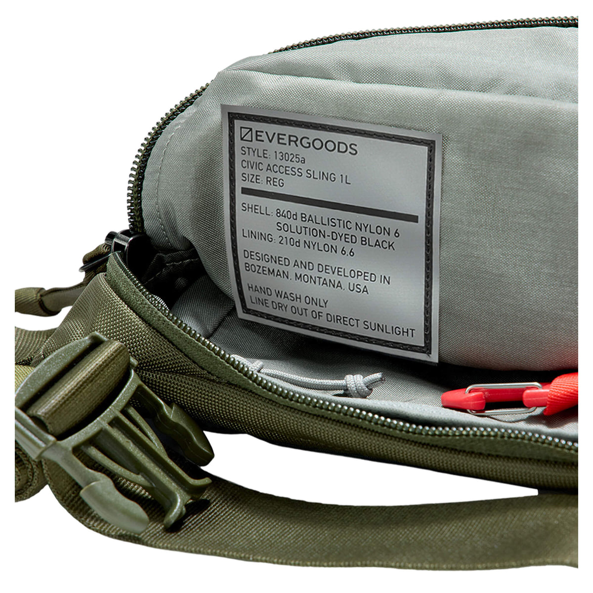 EDAY-13025a-ODG-EGS, EVERGOODS CIVIC Access Sling 1L, OD Green, бренд-нашивка зблизька, інформація про модель та матеріали