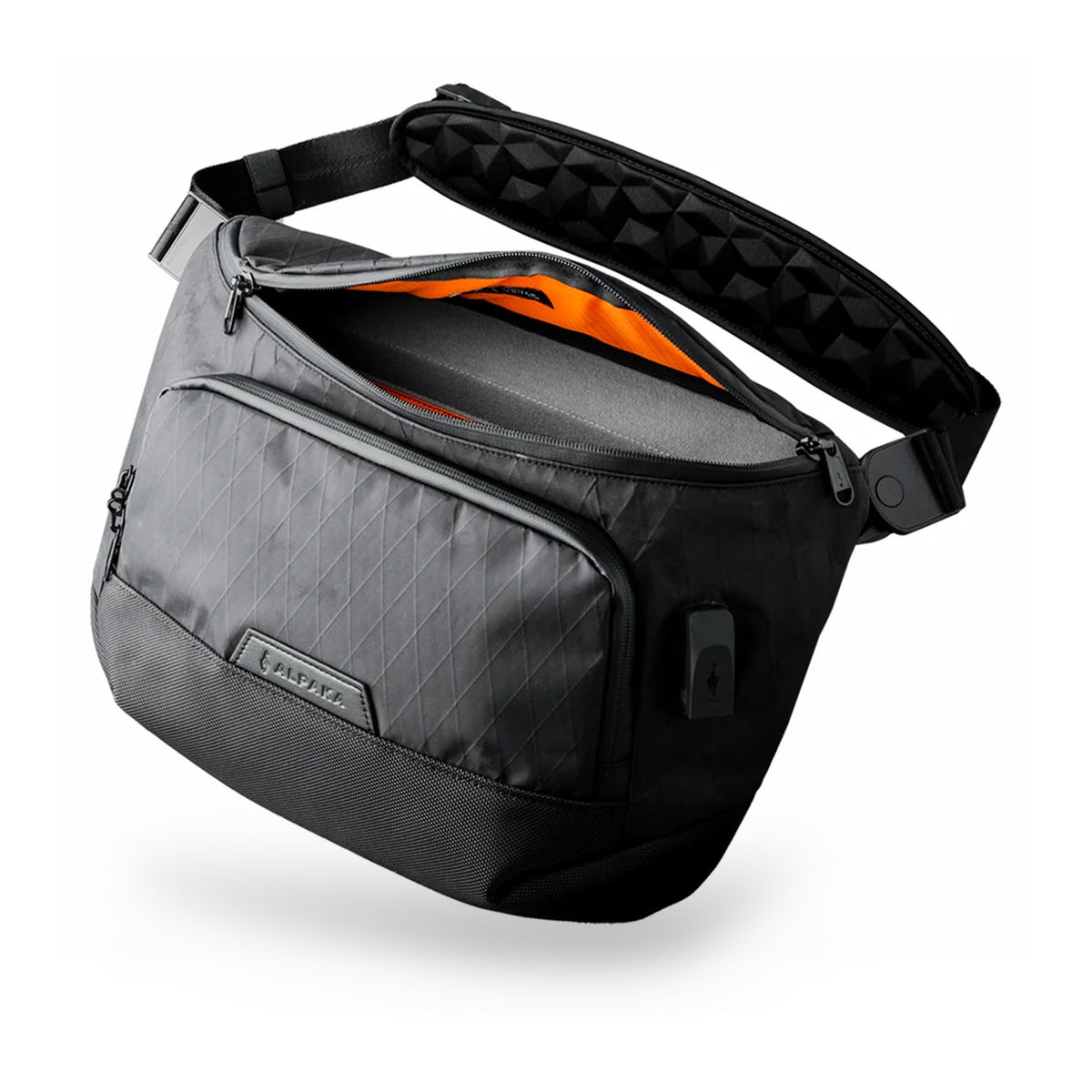 Alpaka Bravo Sling Max V2, слінг під кутом, розкритий верхній клапан з помаранчевою підкладкою