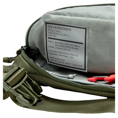 EDAY-13025a-ODG-EGS, EVERGOODS CIVIC Access Sling 1L, OD Green, бренд-нашивка зблизька, інформація про модель та матеріали