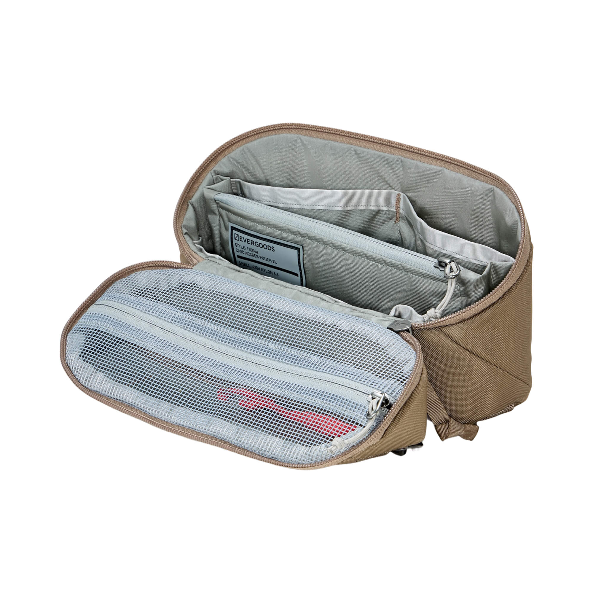 EDAY-13006a-FBN-EGS, EVERGOODS CIVIC Access Pouch 2L, Fossil Brown, розкритий поуч з внутрішньою організацією
